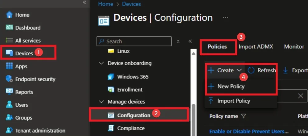 Creating a new configuration policy from Devices > Configuration in Intune